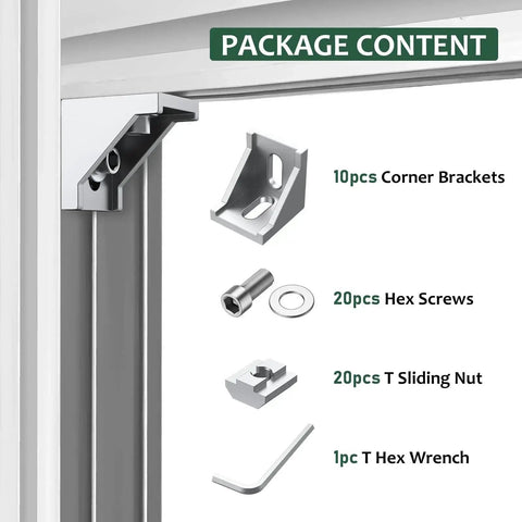 Package contents for 10 Pack 4040 Aluminum Extrusion Corner Brackets and 4080 Profile Connectors Kit with nuts, screws, and wrench.