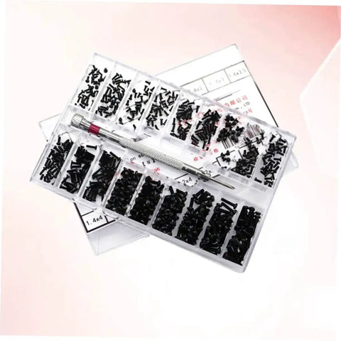 Miniature Screw Kit For Glasses, Watches And Electronics With Countersunk Round Head Screws, shown in a lightweight storage case