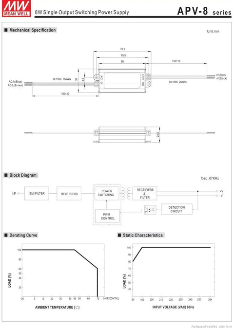 APV 8W 24V CV Mode LED Power Supply For Hardwired Lighting, mechanical drawing and specifications