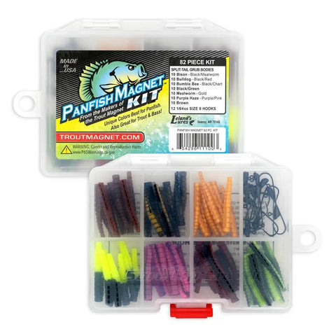 Panfish Magnet Kit With Longer Shad Dart Hook, 82 Piece Lure Set Including 70 Split Tail Grub Bodies And 12 Size 8 Mustad Hooks