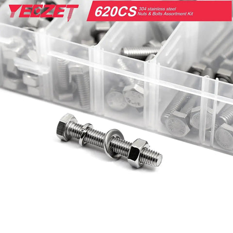 Close-up of Heavy Duty Stainless Steel Bolts and Nuts Kit 620 Pieces M4 M5 M6 304 Grade Set with organizer box