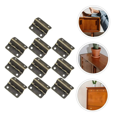 Three Fold Right Angle Hinge Set For Wooden Boxes And Cabinets with multiple heavy duty durable iron hinges displayed against furniture.