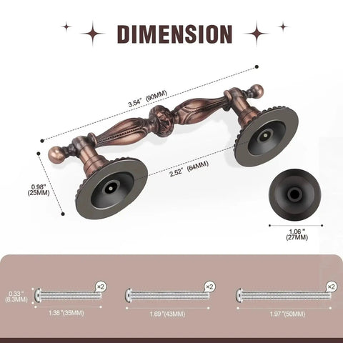 Antique Copper Cabinet Pulls With 2.5 Inch Hole Centers And 3.5 Inch Overall Length Solid Zinc Alloy Retro Drawer Pulls, dimensions shown