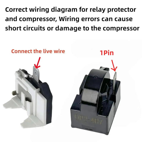 Image showing wiring diagram with 1-pin relay and overload protector from 2-Pack PTC Refrigerator Starter Relay Kit With Overload Protectors 6750C-0005P.