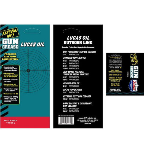 Lucas Oil Extreme Duty Gun Grease 1 oz packaging set of three: teal box, black label, and logo card.