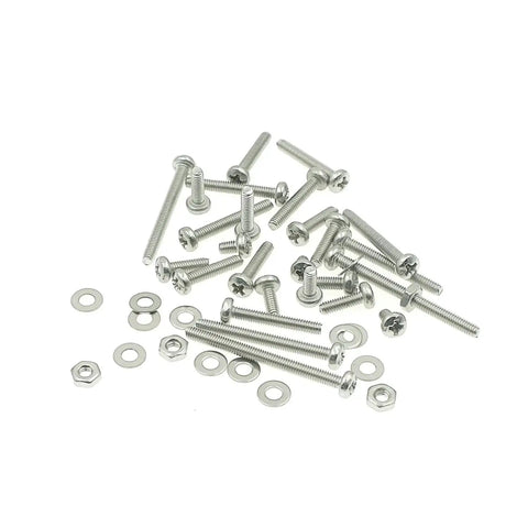 M2.5 Phillips Pan Head Machine Screws Nuts Flat Washers Kit in 304 Stainless Steel scattered on a white surface