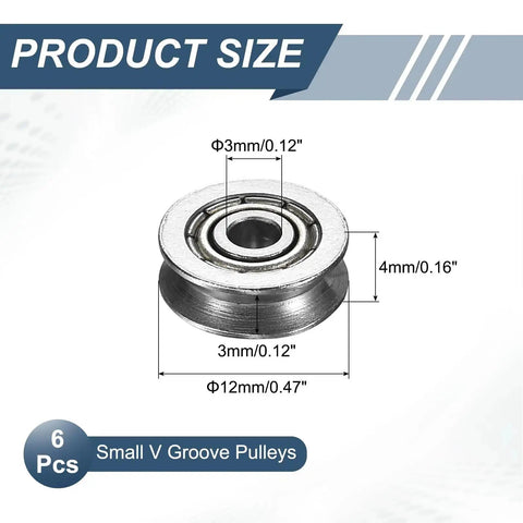 Six Pack Small V Groove Pulleys 3x12x4mm Aluminum Alloy Miniature Pulleys with dimensions shown for rail track use