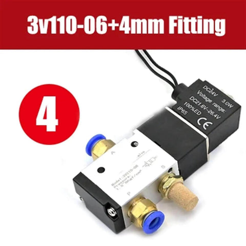 3v110-06 4mm Fitting, 12 Volt One Eighth Inch Solenoid Valve, 3 Way Pneumatic Air Control Valve, Aluminum Body with Wire Lead