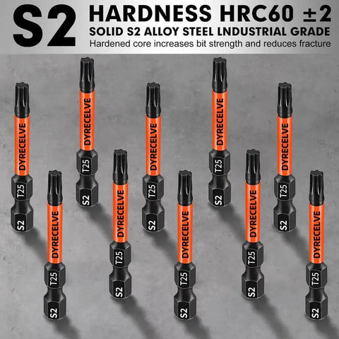 10 Pack T25 Torx Bits For Impact Driver, 2 Inch Magnetic Torx Star Bit Set With CNC Machined Tips, S2 Alloy Steel, One Quarter Inch Hex Shank