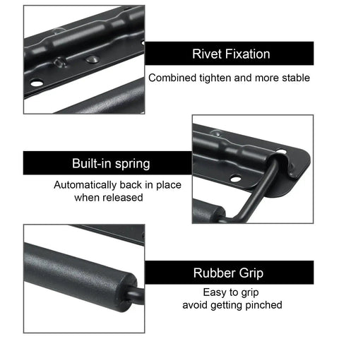 Detailed view of Two Piece Black Spring Loaded Case Handles With Rubber Grip, highlighting rivet fixation and built-in spring.
