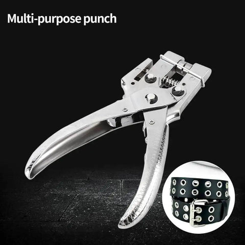 DIY Eyelet Setting Tool Pliers Kit With 100 Gold Grommets, metal punch pliers on black surface with a belt and eyelets inset image