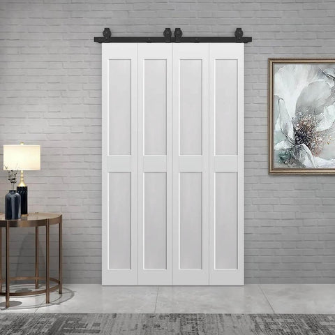 52 Inch By 84 Inch Two Panel Shaker Hollow Core White Composite Bi Fold Door With Barn Door Hardware Kit Includes 63 Inch Track And Two 26 Inch By 84 Inch Doors Built Tough From Durable MDF To Stand Up To Heat And Humidity installed view