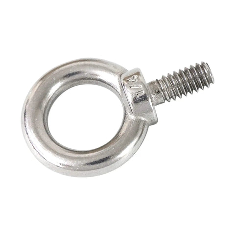 Close-up of a 316 stainless steel 1/4 inch UNC shoulder eye bolt with lifting ring, marine grade, for industrial use.