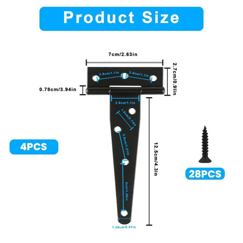 Product size chart for 4 Pack 6 Inch T Strap Hinges Heavy Duty Outdoor Black Tee Hinge for Wooden Fences Barn Doors Gates