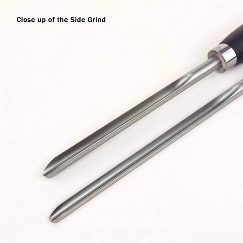 Close-up view of Pro Grade M2 Cryo Bowl Gouge Set For Woodturning With Five Eighths And One Half Inch Flutes Pro Series By Hurricane Turning Tools Cryogenic Treated High Speed Steel With Ash Handle Made In Sheffield England In Partnership With Crown Tools showing side grind details.