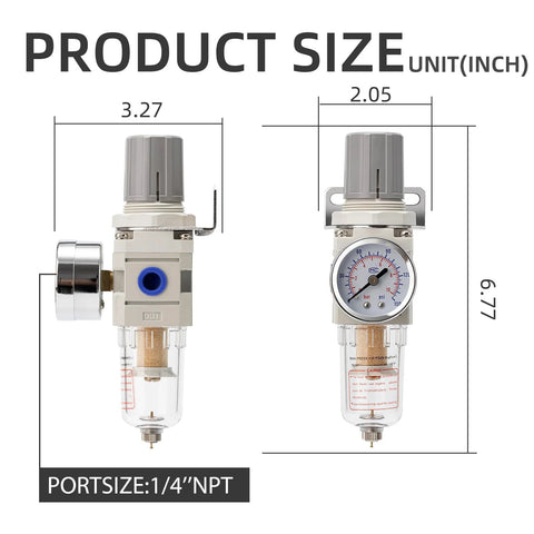Pneumatic air filter-regulator combo, 1/4 in NPT, 150 psi gauge, water separator, brass 5 micron cartridge, manual drain