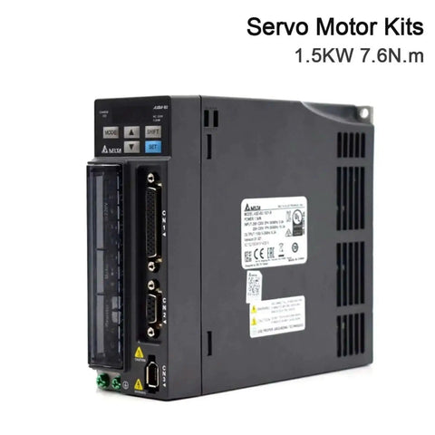 Side view of Delta servo motor kit, ASD B2 series, 1.5 kW, 7.16 Nm torque, 8.3 A current, with ports and settings visible.