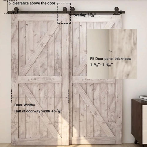 5.5 Foot Bypass Barn Door Hardware Kit For 33 Inch Double Doors, Full Sliding Wood Door Track System With T Shape Hangers, Heavy Duty Steel Construction, Nylon Rollers, Gcr15 Bearings, Anti Rust Rails, Smooth Quiet Operation. Image shows a close-up of two wooden sliding barn doors mounted on a steel track.