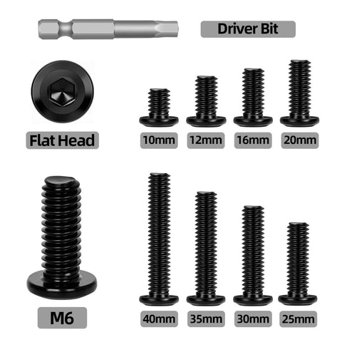 Image of M6 X 16mm Flat Head Socket Cap Screws Set In Stainless Steel 304 With Black Coating, includes various screw sizes and driver bit.