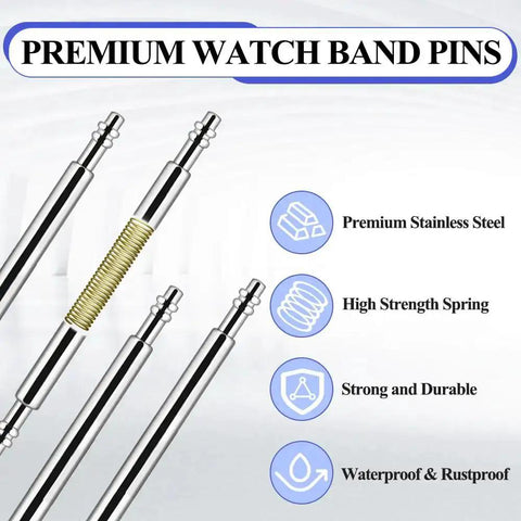 Heavy Duty Watch Band Pins Kit With 20 Spring Bars And Cleaning Cloth Pro Grade Replacement Pins And Link Removal Tool Includes Single And Double Ended Pin Punches For 16mm To 24mm Straps, showing premium stainless steel spring bars and features.
