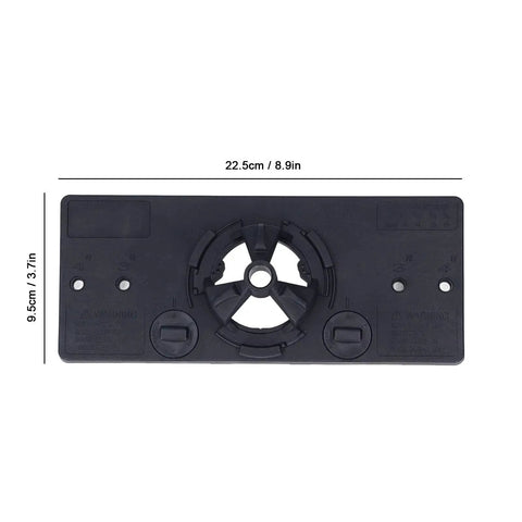 Pro Grade Heavy Duty 35mm Hinge Hole Saw Jig Drilling Guide Set For Woodworking with dimensions in black plastic