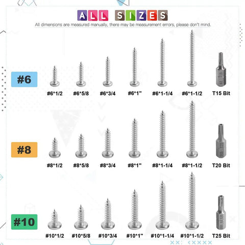 Various sizes of screws and bits, including 50 Pack Number Eight One Half Inch Torx Security Sheet Metal Screws Button Head Tamper Resistant Stainless Steel 304 With T20 Bit For Home And Office Projects, with a focus on size labeling.