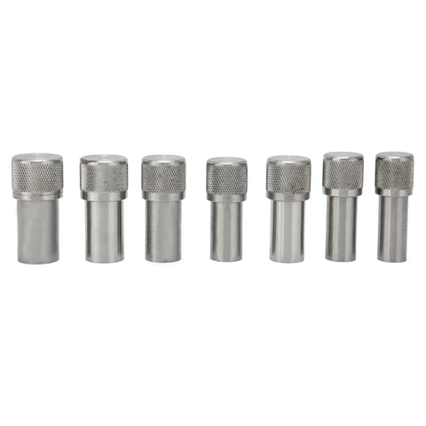 Pro Grade Steel Disc Cutter Set For Jewelry Making With Round Pendant Punch Tool And Six Dies arranged in a row on a white background