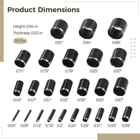 25 Piece Leather Circle Cutter Tool Set With 0.04 to 0.98 Inch Round Hole Dies For Fabric And Clay Includes Storage Box dimensions