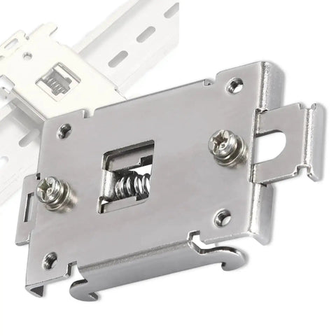 Close-up of stainless steel 35Mm DIN Rail Mount Kit with Clamp and Screws for Solid State Relays. Rugged rail mounting clip for secure installation.