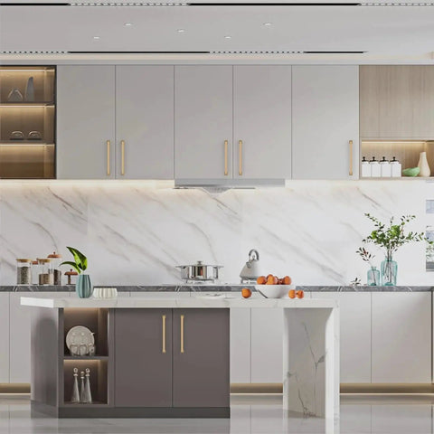 Modern kitchen with Champagne Bronze Cabinet Pulls 5 Inch Center To Center 128mm on gray cabinets. ZH0019 hardware shown.