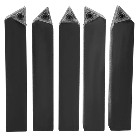 All In One Pro Grade Carbide Turning Tool Set Five Piece Indexable Cutter Kit With Three Quarter Inch Shanks And 60 Degree 75 Degree And 90 Degree Tips For Turning Boring Chamfering Facing Threading And V Groove set on display