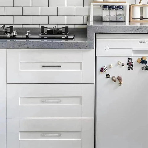 Solid Heavy Duty Jasper Cabinet Pulls Set 10 Pack Polished Chrome 5 Inch Center to Center Kitchen Cupboard Drawer Handles installed on white cabinets