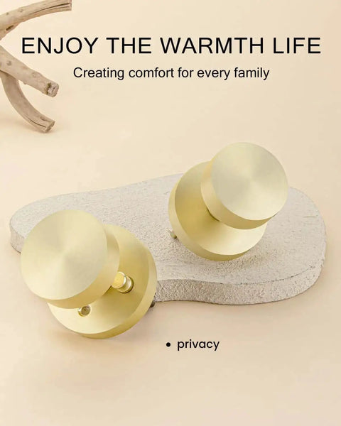 Brushed Gold Privacy Door Knobs Set, heavy-duty zinc alloy, round ball design on textured background, ideal for bedroom and bathroom.