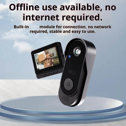 Waterproof Wireless Video Doorbell With 4.3 Inch HD Monitor showcasing offline capability, night vision, and two-way audio feature.