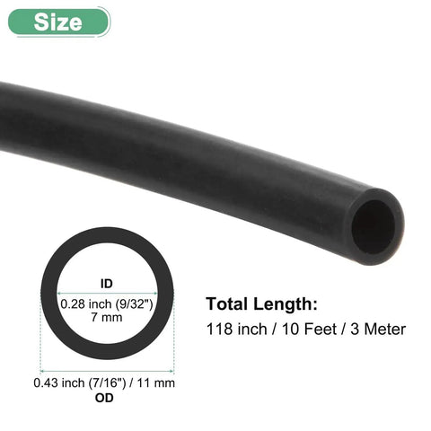 Silicone Tubing 9/32 Inch ID (7mm) by 7/16 Inch OD (11mm), 10 Ft High Temp, black, with size specifications and dimensions