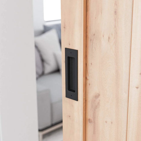 6 1/2 Inch Matte Black Frosted Flush Pull for Sliding Barn Doors recessed in wood, heavy duty solid steel hardware