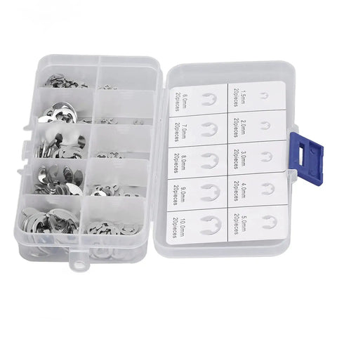 All In One E Clip Assortment Kit With Nine Metric Sizes Stainless Steel External Circlips for Bearings Gears Pulleys and Axles