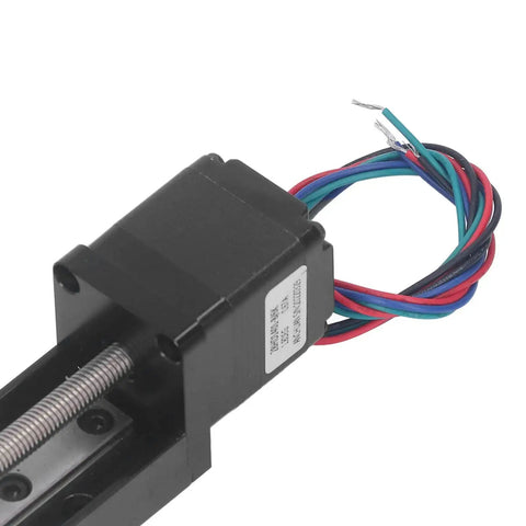 Close-up of 100mm Stroke Linear Slide Table With Beefed Up 28 Stepper Motor and wires, alloy build, for precise X Y Z axis movement.