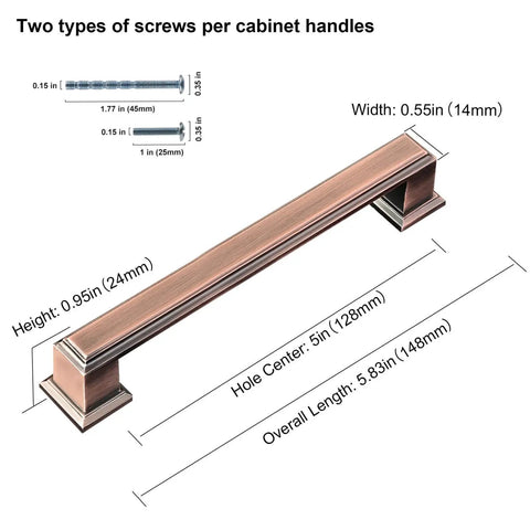 Dimensions of Brushed Antique Copper Kitchen Cabinet Pulls And Knobs Set, 5 Inch, Square Zinc Alloy Drawer Handles For Dresser, 5 Pack