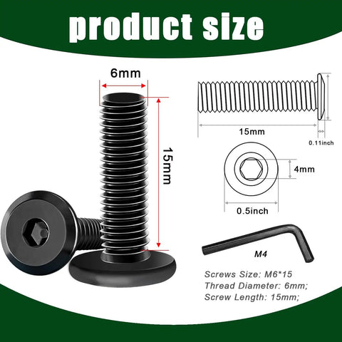 30 Pack M6 Flat Head Socket Cap Screws Bolts Made From Stainless Steel 304 Black Zinc Plated Fully Threaded Countersunk Screws With Hex Spanner For Furniture Builds And Woodworking Projects illustration of size and dimensions