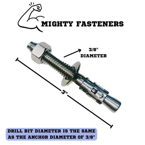 Wedge Anchors Heavy Duty 304 Stainless Steel Expansion Bolts For Concrete And Masonry 3/8" x 3" showing dimensions and drill bit size