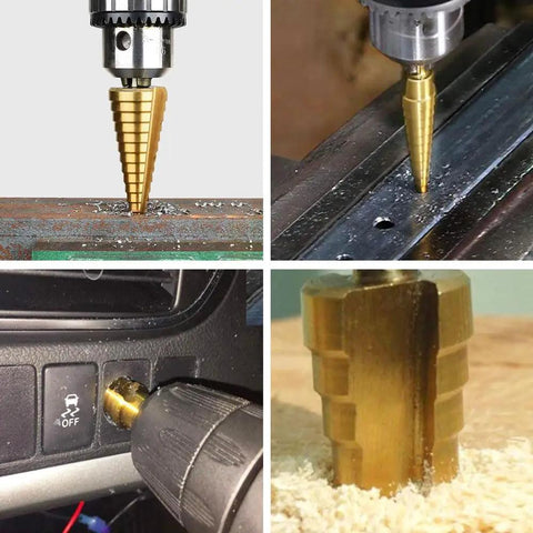 Step Drill Bit Set 4-32mm HSS Titanium Coated Quick Change Cone Bit With One Quarter Inch Hex Shank For Metal Plastic Wood in use