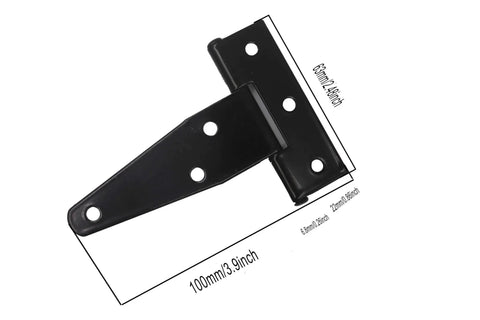 Eight Pieces Four Inch Galvanized T Shaped Hinge Set Including Triangular Hinge Slotted Bearing For Doors Iron Construction With Imitation Galvanized Coating Corrosion And Rust Resistant Fully Assembled And Easy To Install, front view with measurements.