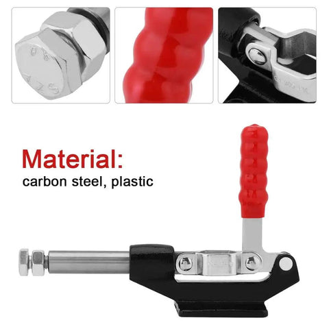 Heavy Duty Carbon Steel Push Pull Toggle Clamp With 42mm Stroke For Welding And Jig Fixtures Built Tough For Precise No Fuss Workholding Ergonomic Plastic Covered Handle Stable Lever Control Reducing Side Thrust, showing bolt and handle details