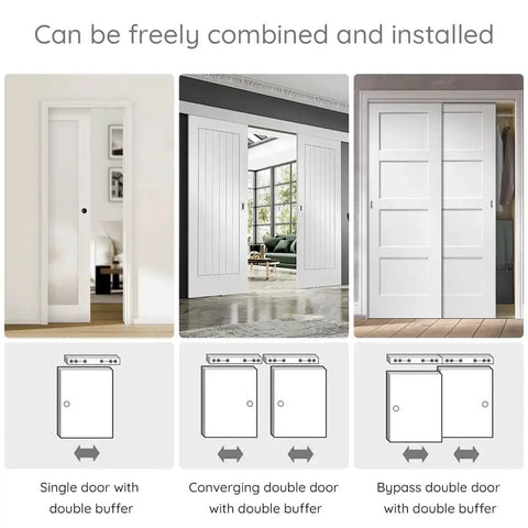 Soft Close Pocket Door Slide Hardware And Track Set For Barn Doors With Heavy Duty Hanger installed on single and double doors