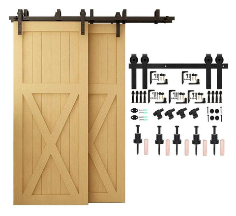 Bypass Sliding Barn Door Hardware Kit For Double Doors With J Shaped Rollers, Quiet Smooth Rail System, wood material displayed.