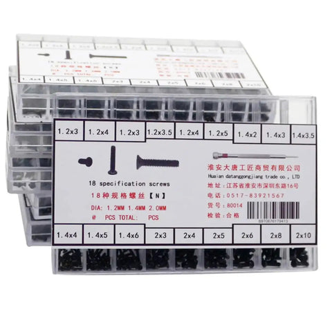 Assorted Small Machine Screws Kit With Flat Head Countersunk Fasteners In Transparent Storage Box, front view, sizes labeled.