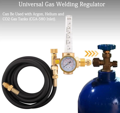 Argon And CO2 Gas Regulator For MIG Welder With 6.6 Foot Hose, 0 To 4000 Psi Output, attached to CGA 580 Inlet cylinder