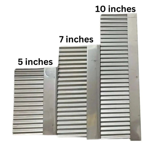 Three stainless steel crinkle cutter serrated knives for veggies and desserts, 5, 7, and 10 inches, side by side.