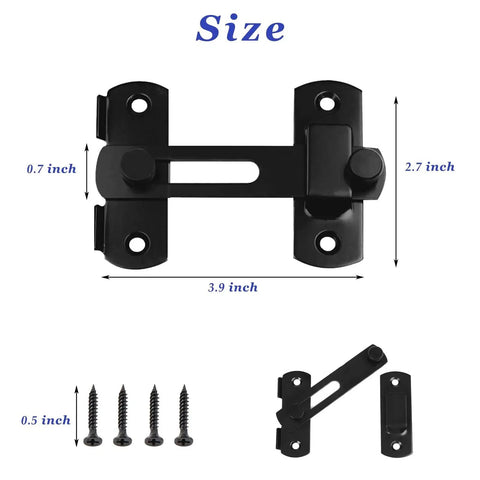 2 Pack Sliding Barn Door Lock Hardware Carbon Steel With Matte Black Finish dimensions and components shown